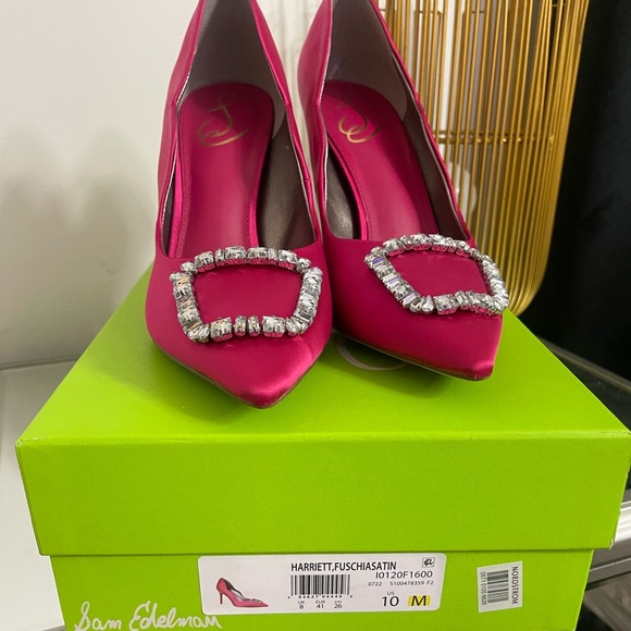 Sam Edelman Harriett Scalloped Embellished Pumps Women's 10 Fuschia Satin - Picture 2 of 5